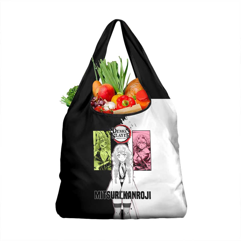 Mitsuri Kanroji from Demon Slayer Grocery Bag with Black and White Split Background and Energetic Sword Pose Manga Style Design - The Mazicc