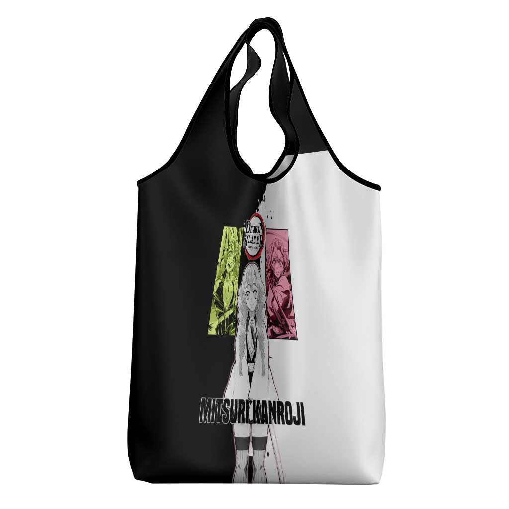 Mitsuri Kanroji from Demon Slayer Grocery Bag with Black and White Split Background and Energetic Sword Pose Manga Style Design - The Mazicc