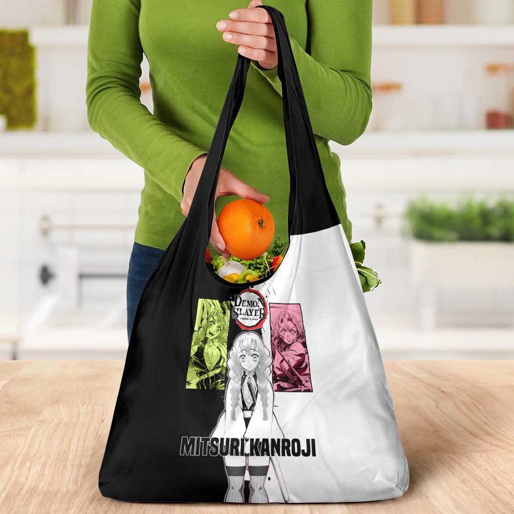 Mitsuri Kanroji from Demon Slayer Grocery Bag with Black and White Split Background and Energetic Sword Pose Manga Style Design - The Mazicc