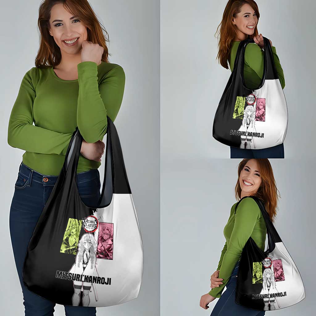 Mitsuri Kanroji from Demon Slayer Grocery Bag with Black and White Split Background and Energetic Sword Pose Manga Style Design - The Mazicc