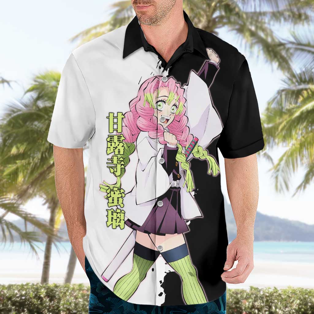 Mitsuri Kanroji from Demon Slayer Hawaiian Shirt with Black and White Split Background and Energetic Sword Pose Manga Style Design - The Mazicc
