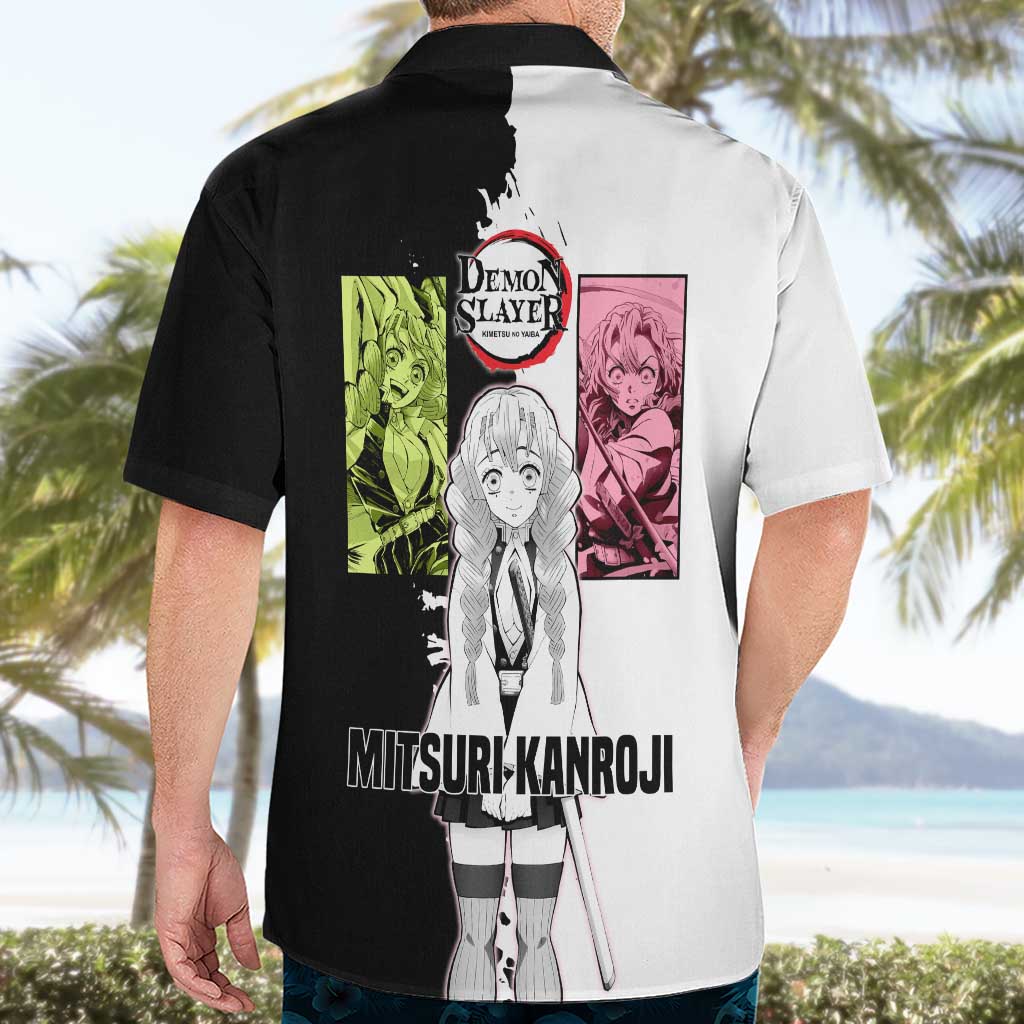 Mitsuri Kanroji from Demon Slayer Hawaiian Shirt with Black and White Split Background and Energetic Sword Pose Manga Style Design - The Mazicc