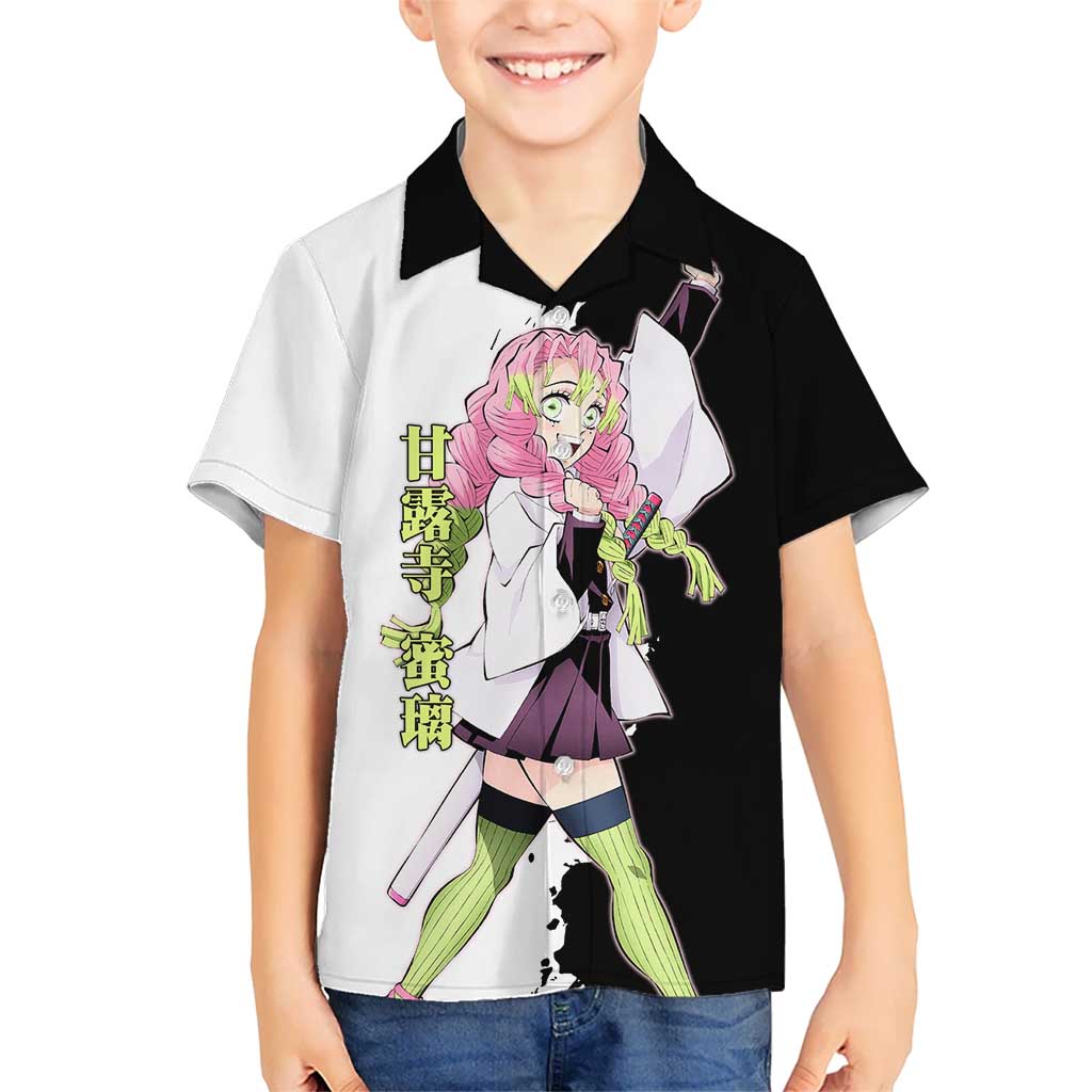 Mitsuri Kanroji from Demon Slayer Hawaiian Shirt with Black and White Split Background and Energetic Sword Pose Manga Style Design - The Mazicc