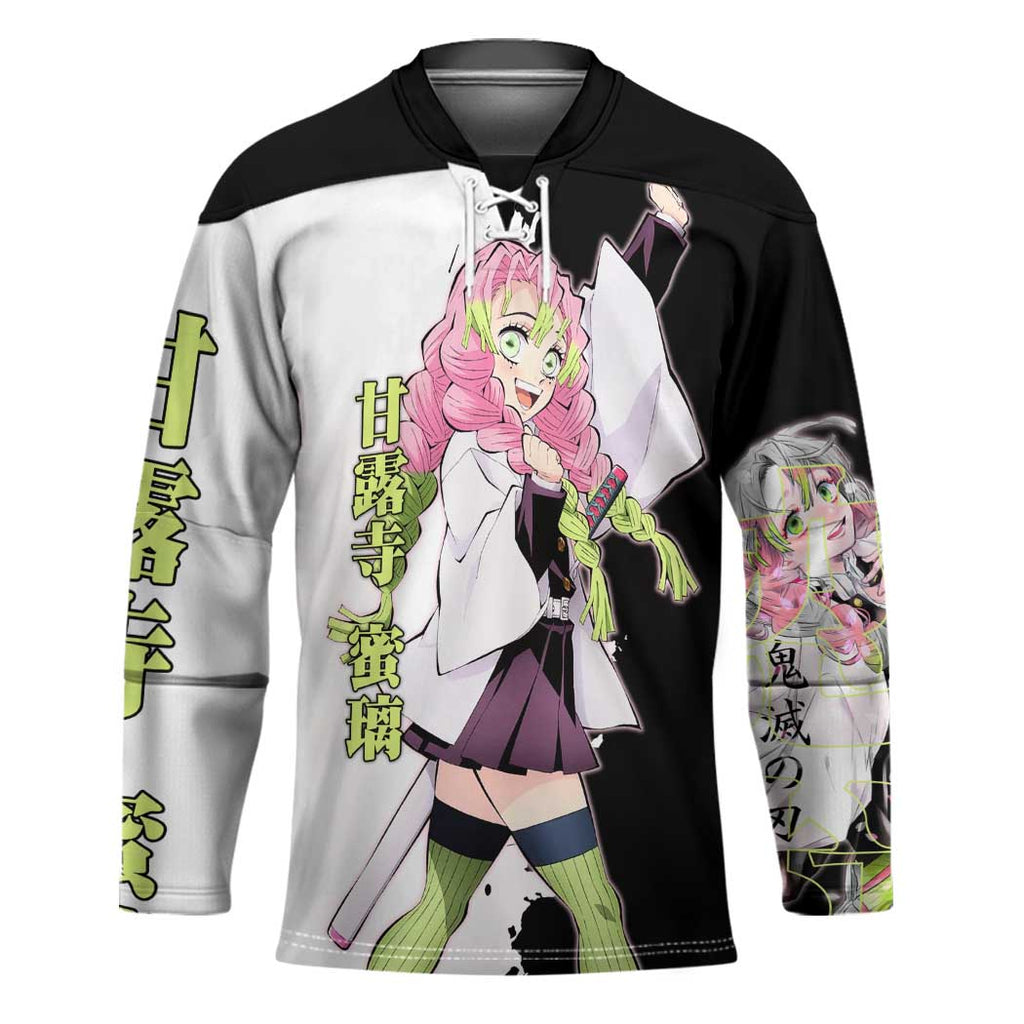 Mitsuri Kanroji from Demon Slayer Hockey Jersey with Black and White Split Background and Energetic Sword Pose Manga Style Design - The Mazicc