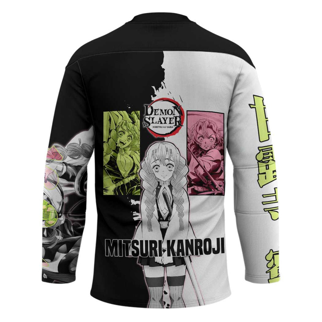 Mitsuri Kanroji from Demon Slayer Hockey Jersey with Black and White Split Background and Energetic Sword Pose Manga Style Design - The Mazicc
