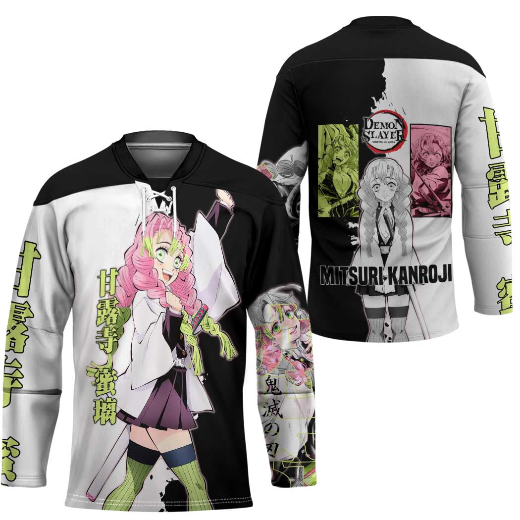 Mitsuri Kanroji from Demon Slayer Hockey Jersey with Black and White Split Background and Energetic Sword Pose Manga Style Design - The Mazicc