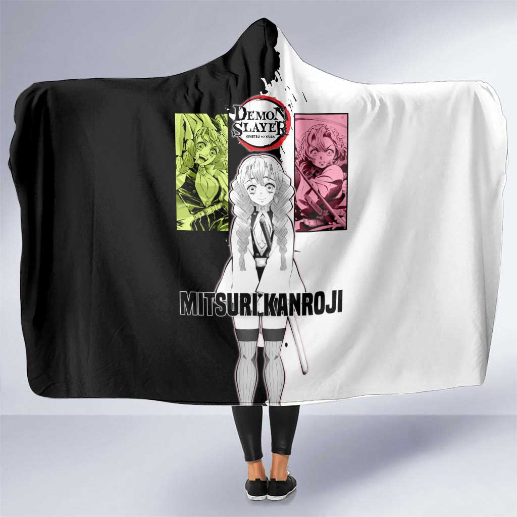 Mitsuri Kanroji from Demon Slayer Hooded Blanket with Black and White Split Background and Energetic Sword Pose Manga Style Design - The Mazicc