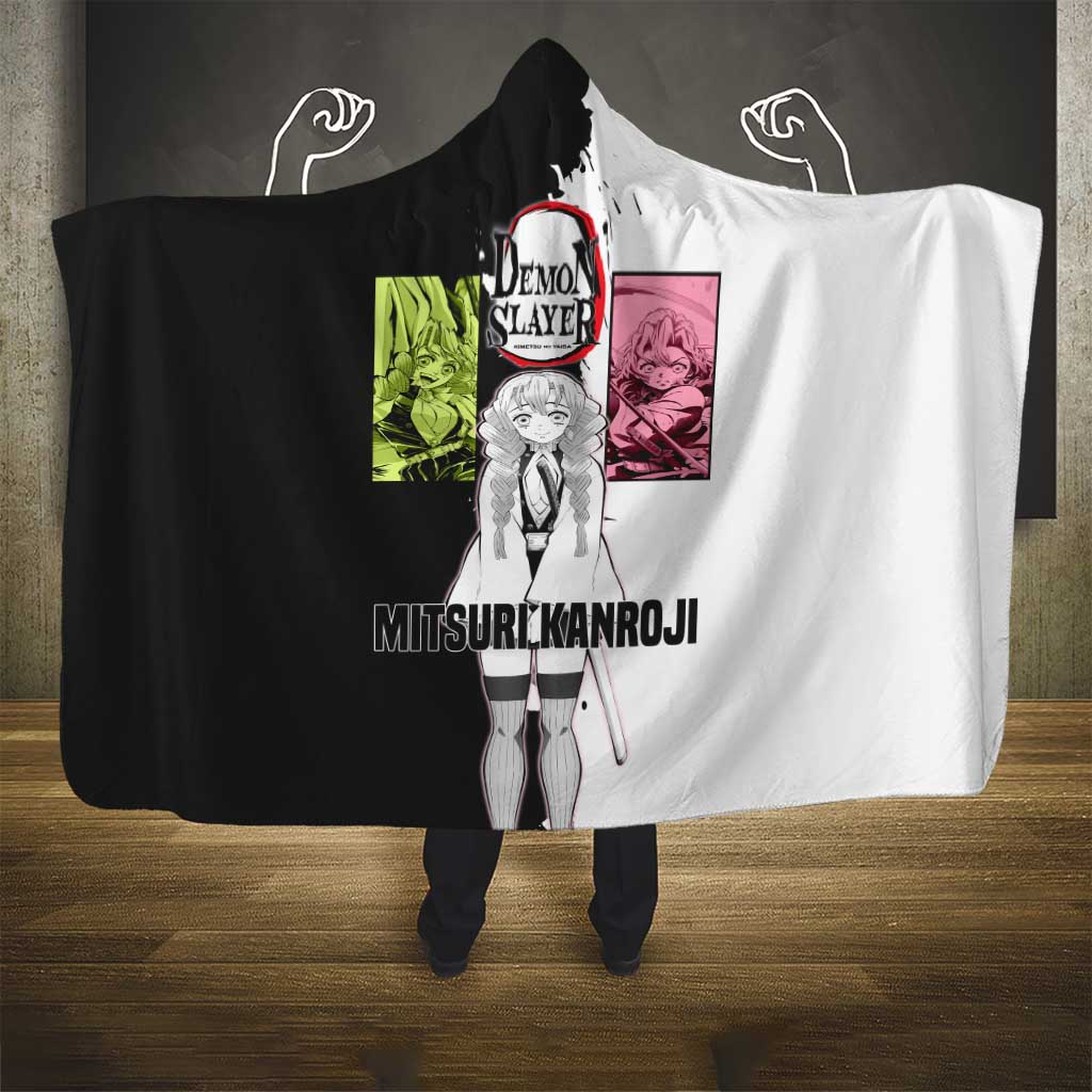 Mitsuri Kanroji from Demon Slayer Hooded Blanket with Black and White Split Background and Energetic Sword Pose Manga Style Design - The Mazicc