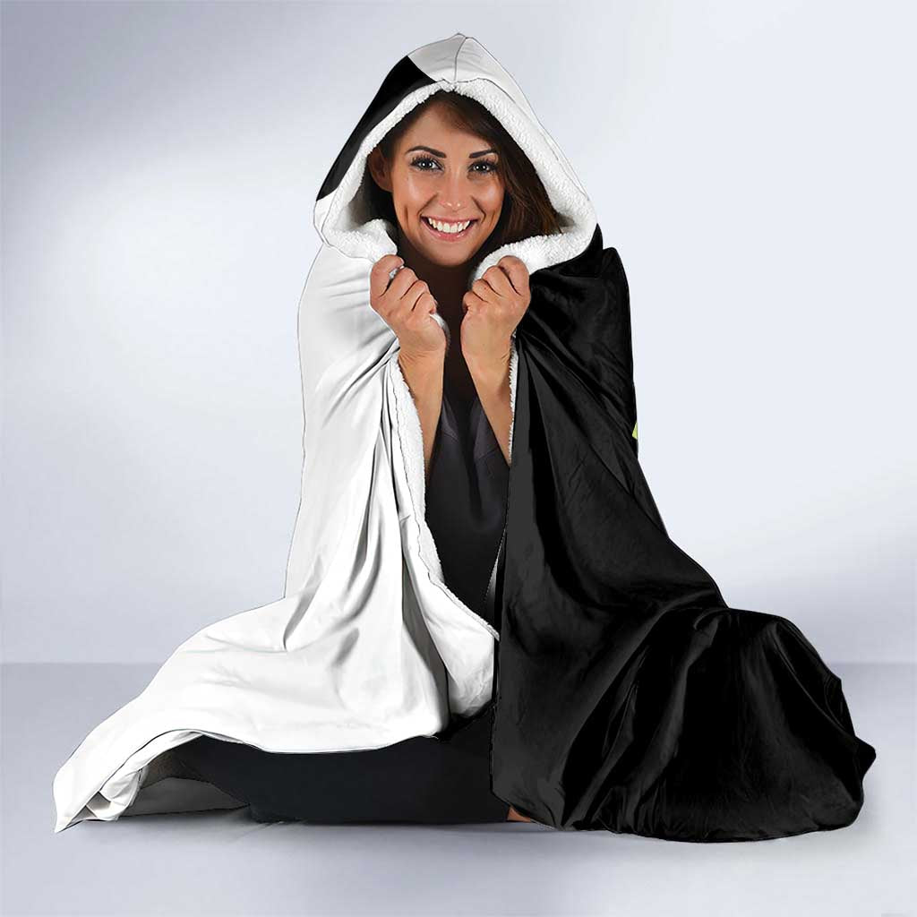 Mitsuri Kanroji from Demon Slayer Hooded Blanket with Black and White Split Background and Energetic Sword Pose Manga Style Design - The Mazicc