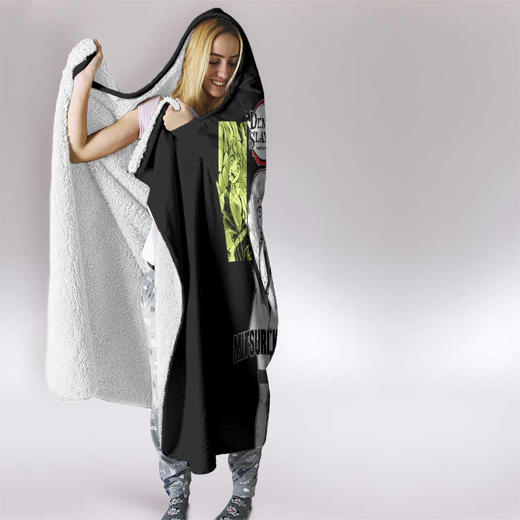 Mitsuri Kanroji from Demon Slayer Hooded Blanket with Black and White Split Background and Energetic Sword Pose Manga Style Design - The Mazicc