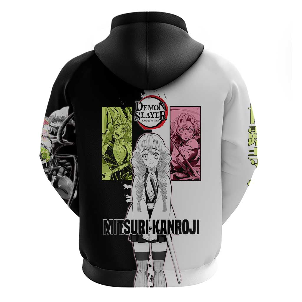 Mitsuri Kanroji from Demon Slayer Hoodie with Black and White Split Background and Energetic Sword Pose Manga Style Design - The Mazicc
