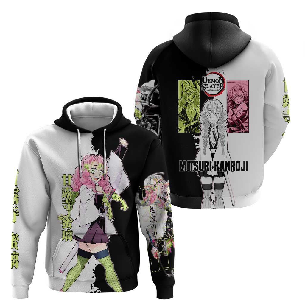 Mitsuri Kanroji from Demon Slayer Hoodie with Black and White Split Background and Energetic Sword Pose Manga Style Design - The Mazicc
