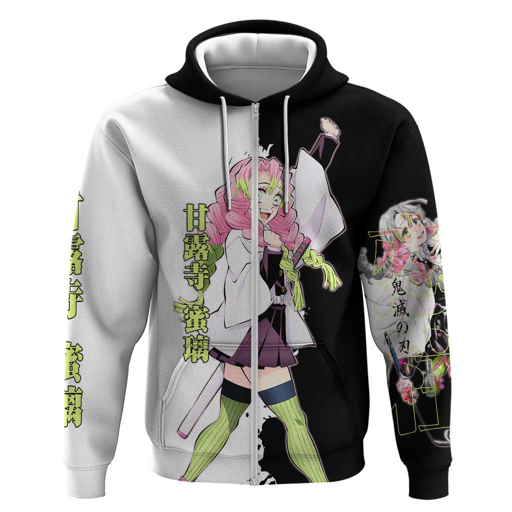 Mitsuri Kanroji from Demon Slayer Hoodie with Black and White Split Background and Energetic Sword Pose Manga Style Design - The Mazicc