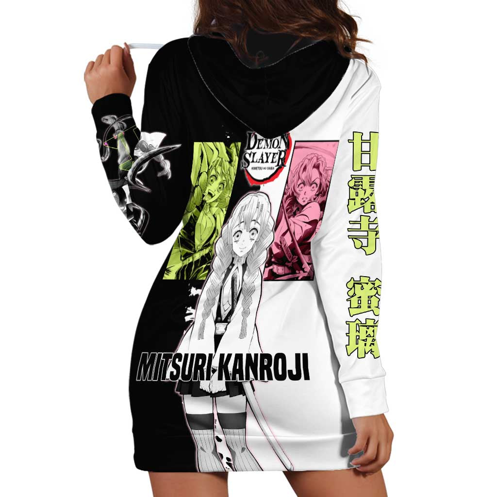 Mitsuri Kanroji from Demon Slayer Hoodie Dress with Black and White Split Background and Energetic Sword Pose Manga Style Design - The Mazicc