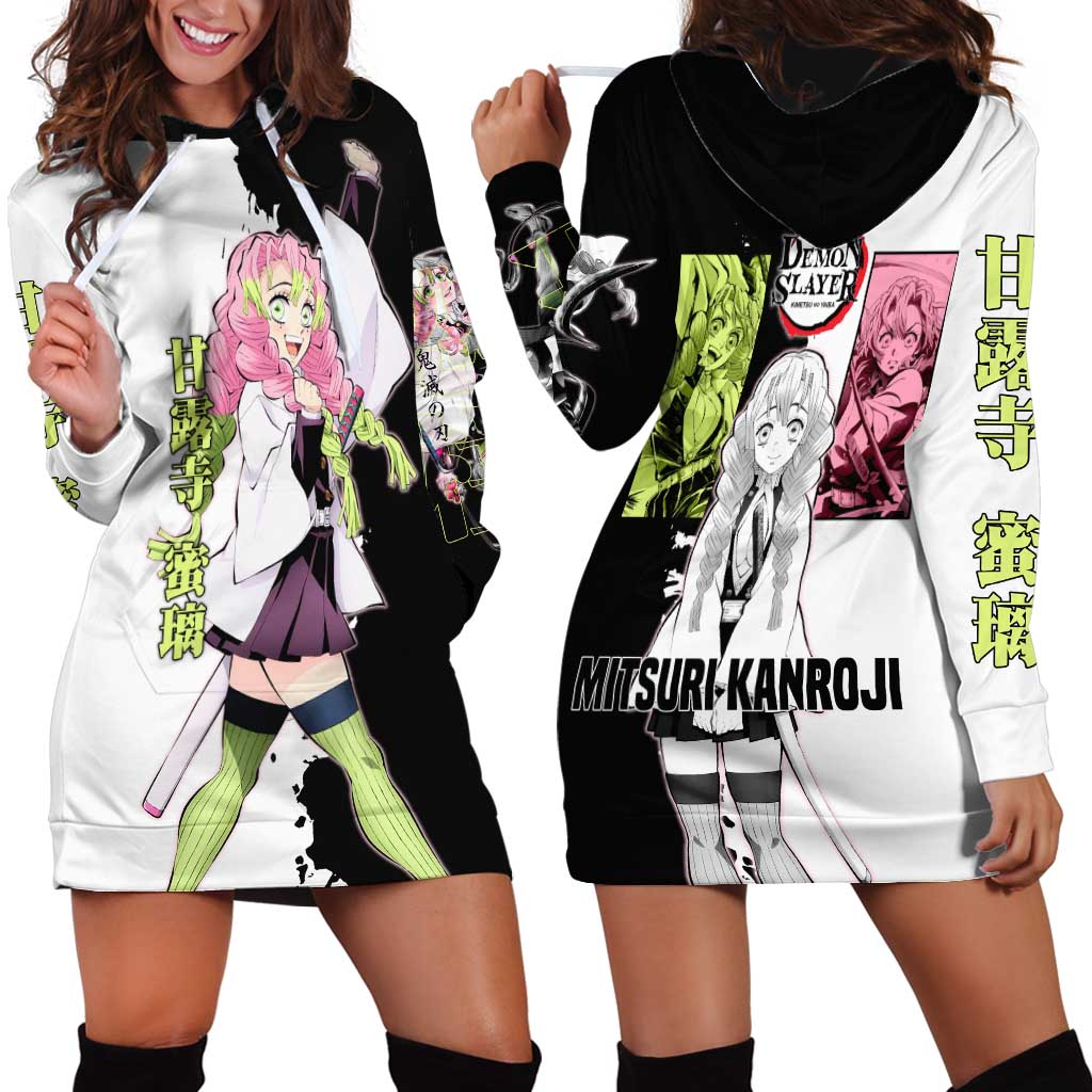 Mitsuri Kanroji from Demon Slayer Hoodie Dress with Black and White Split Background and Energetic Sword Pose Manga Style Design - The Mazicc