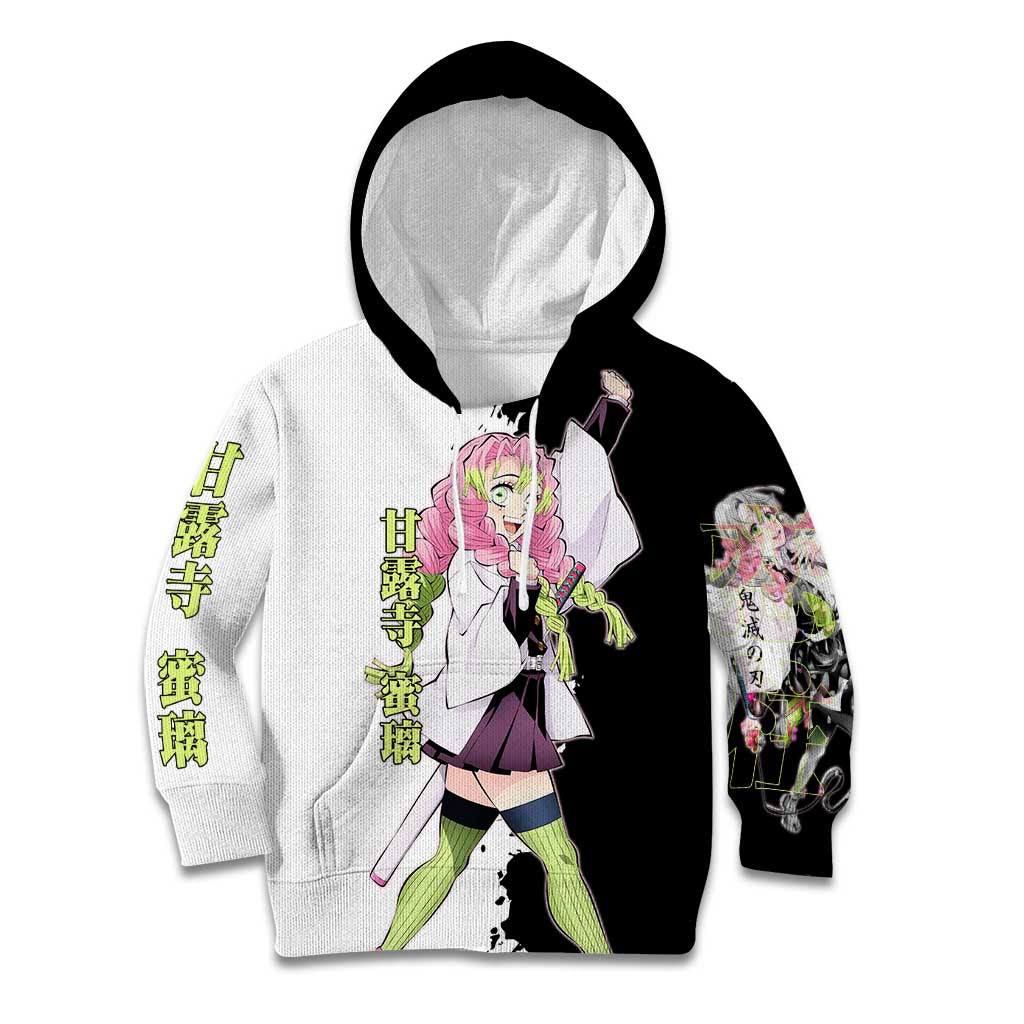 Mitsuri Kanroji from Demon Slayer Kid Hoodie with Black and White Split Background and Energetic Sword Pose Manga Style Design - The Mazicc