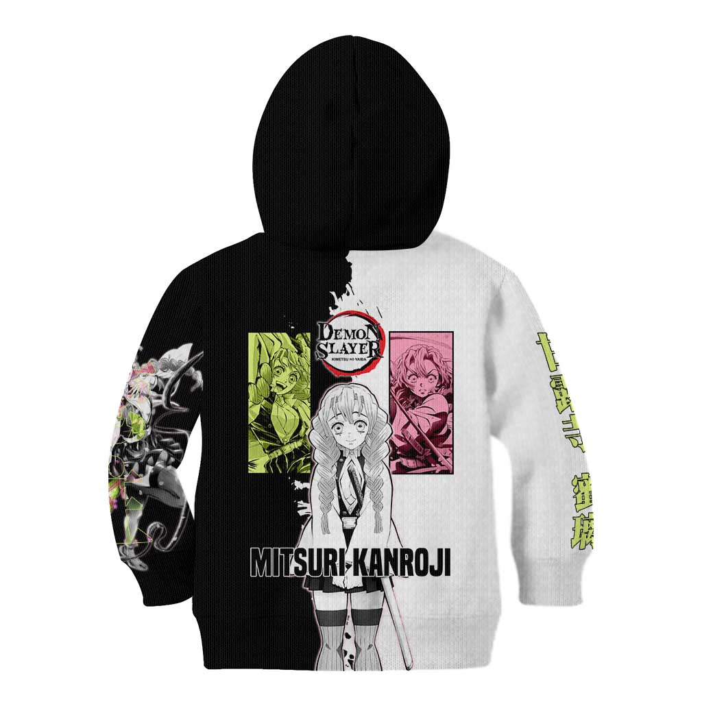 Mitsuri Kanroji from Demon Slayer Kid Hoodie with Black and White Split Background and Energetic Sword Pose Manga Style Design - The Mazicc