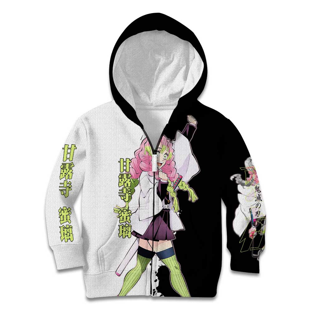 Mitsuri Kanroji from Demon Slayer Kid Hoodie with Black and White Split Background and Energetic Sword Pose Manga Style Design - The Mazicc