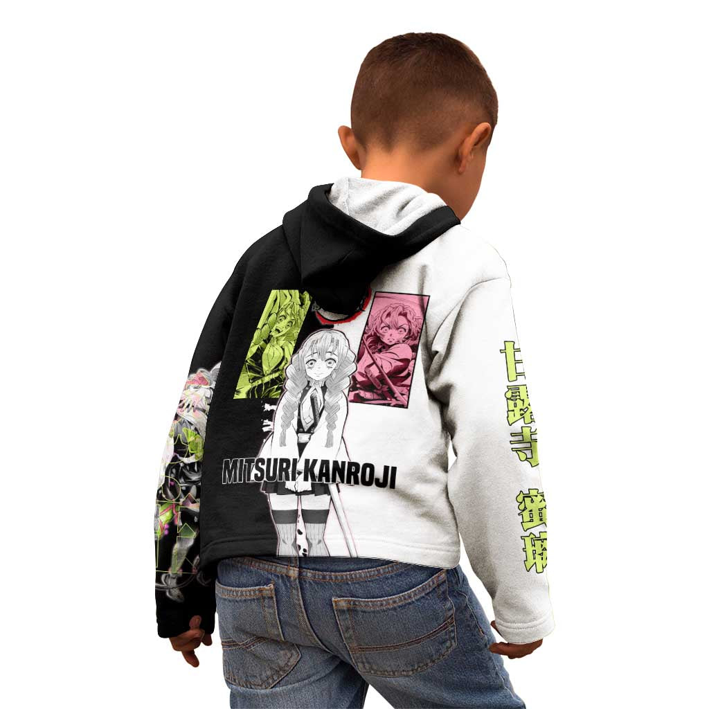 Mitsuri Kanroji from Demon Slayer Kid Hoodie with Black and White Split Background and Energetic Sword Pose Manga Style Design - The Mazicc