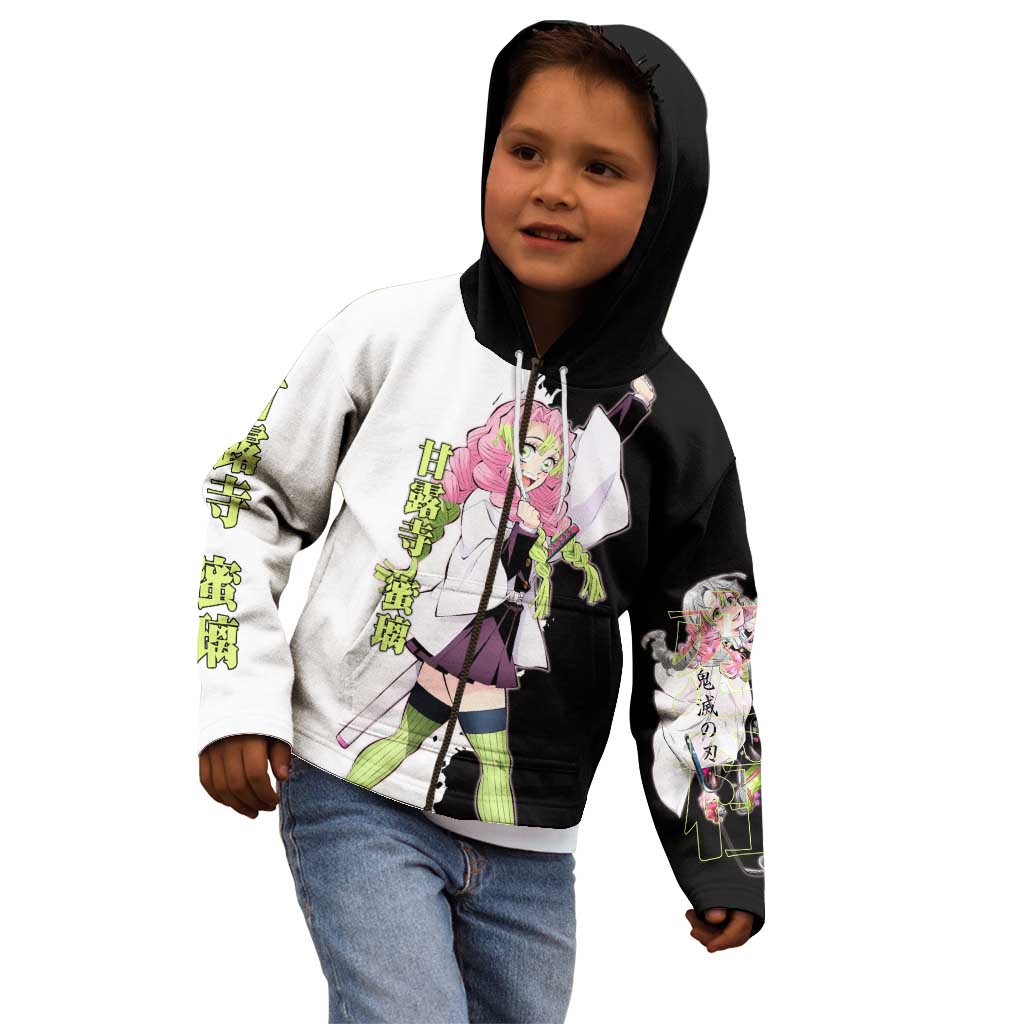 Mitsuri Kanroji from Demon Slayer Kid Hoodie with Black and White Split Background and Energetic Sword Pose Manga Style Design - The Mazicc