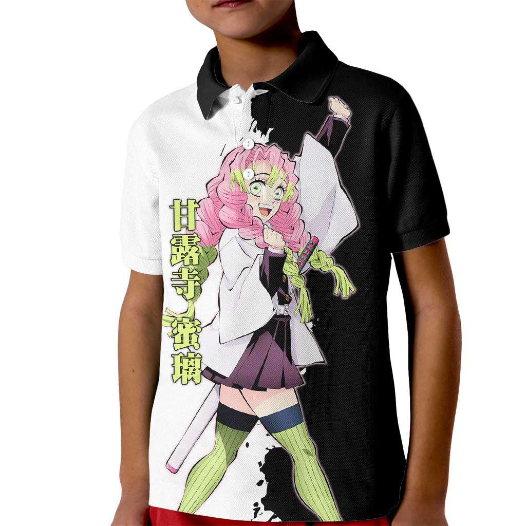 Mitsuri Kanroji from Demon Slayer Kid Polo Shirt with Black and White Split Background and Energetic Sword Pose Manga Style Design - The Mazicc