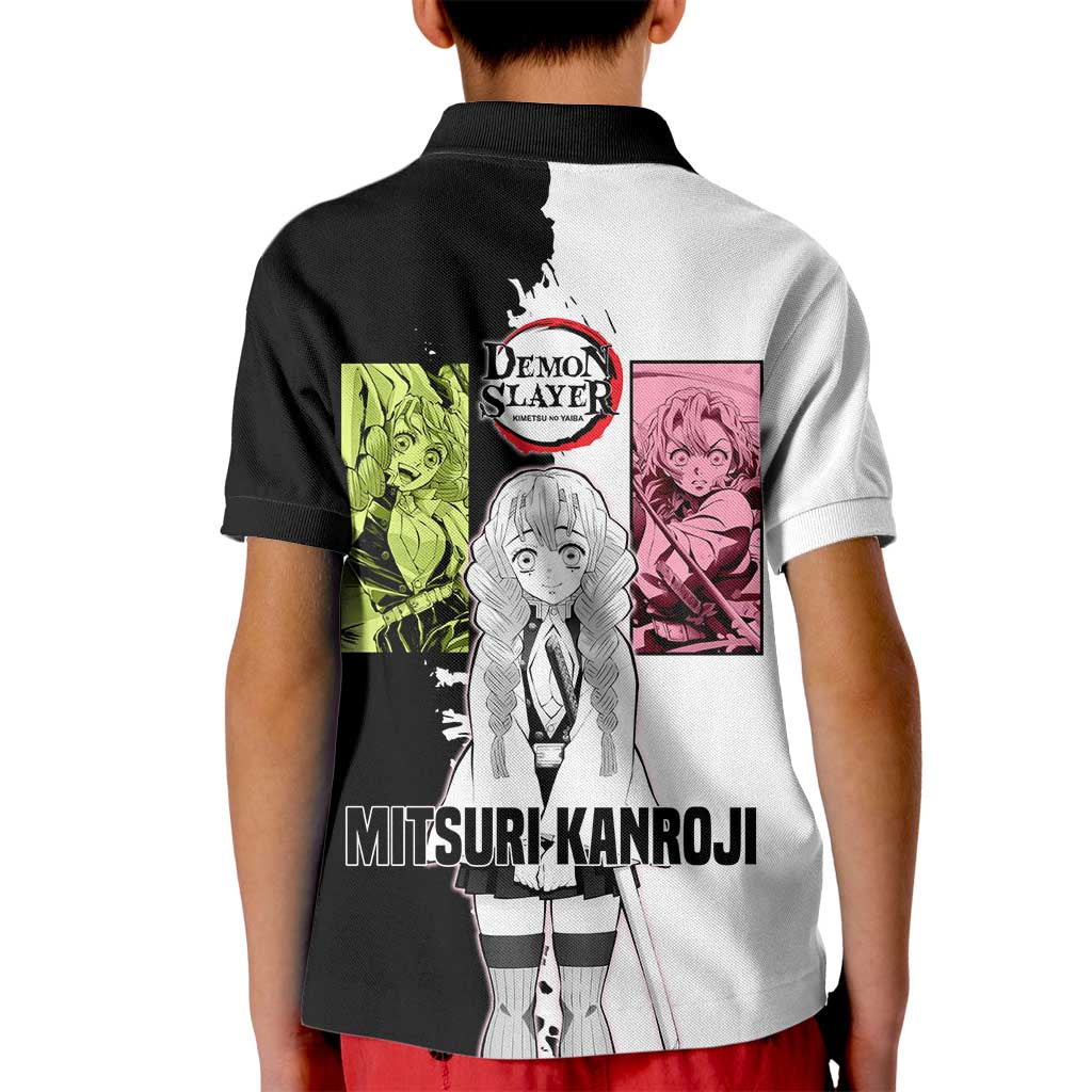 Mitsuri Kanroji from Demon Slayer Kid Polo Shirt with Black and White Split Background and Energetic Sword Pose Manga Style Design - The Mazicc
