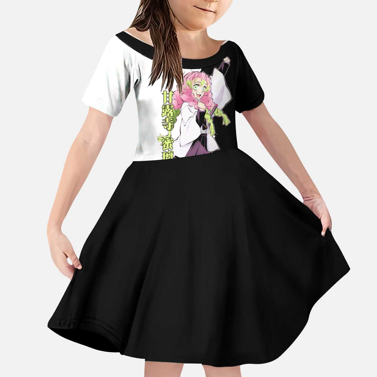 Mitsuri Kanroji from Demon Slayer Kid Short Sleeve Dress with Black and White Split Background and Energetic Sword Pose Manga Style Design - The Mazicc