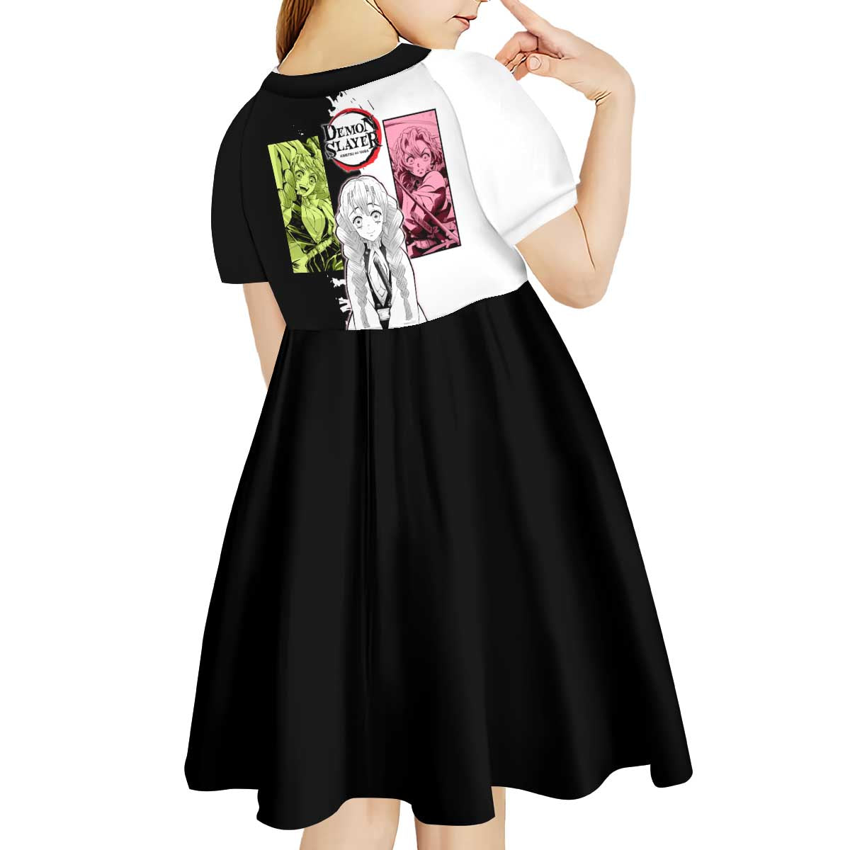 Mitsuri Kanroji from Demon Slayer Kid Short Sleeve Dress with Black and White Split Background and Energetic Sword Pose Manga Style Design - The Mazicc