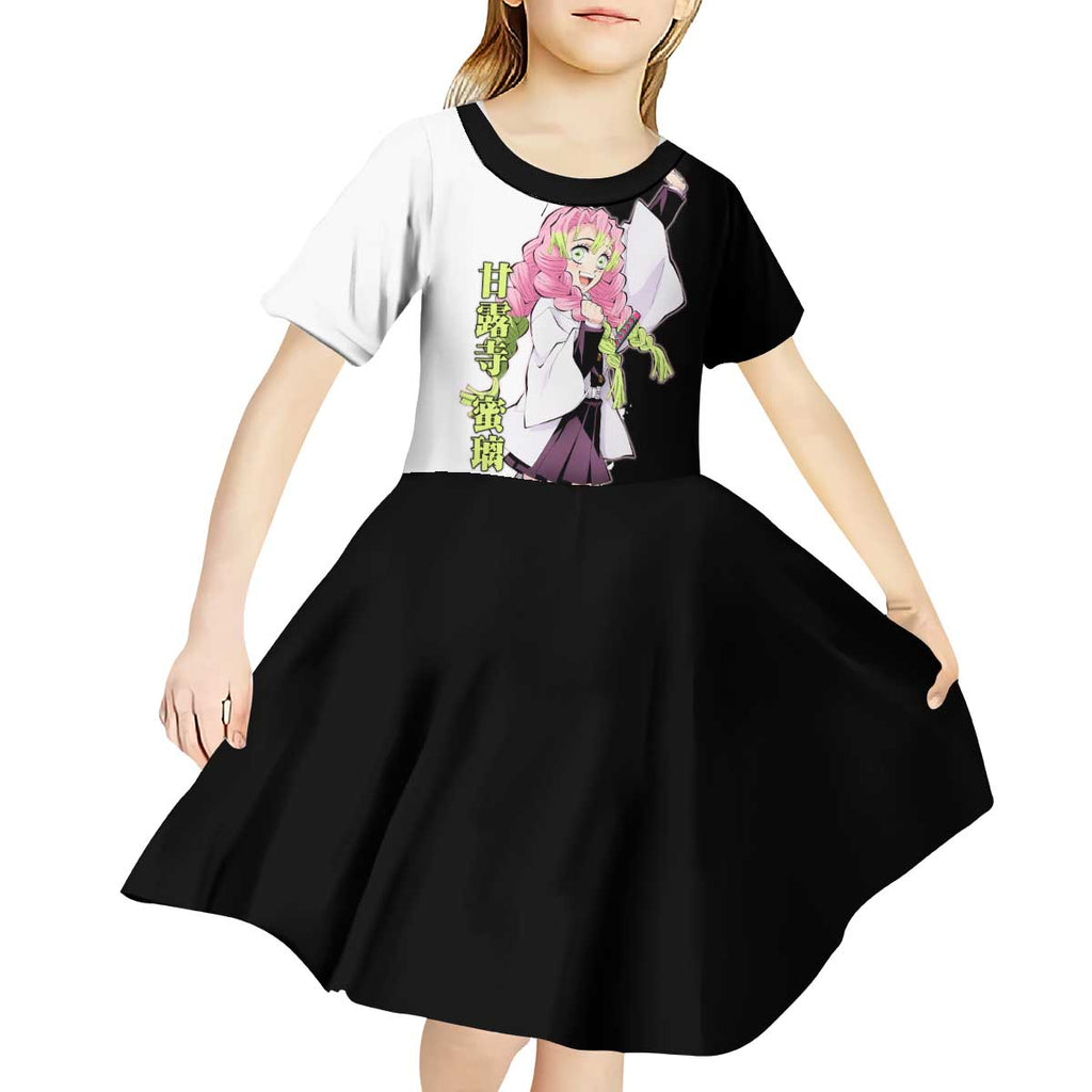 Mitsuri Kanroji from Demon Slayer Kid Short Sleeve Dress with Black and White Split Background and Energetic Sword Pose Manga Style Design - The Mazicc