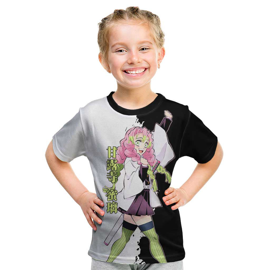 Mitsuri Kanroji from Demon Slayer Kid T Shirt with Black and White Split Background and Energetic Sword Pose Manga Style Design - The Mazicc