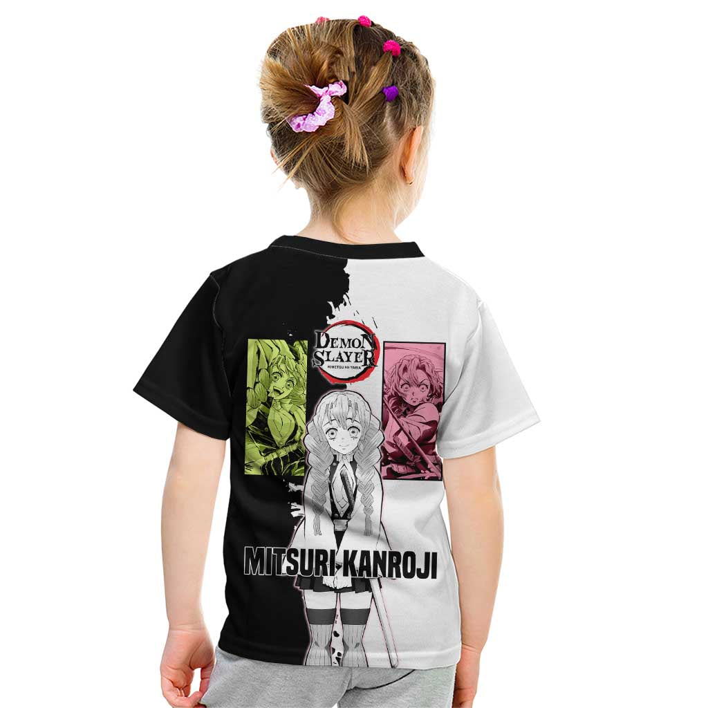 Mitsuri Kanroji from Demon Slayer Kid T Shirt with Black and White Split Background and Energetic Sword Pose Manga Style Design - The Mazicc
