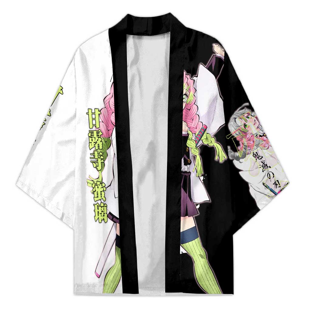 Mitsuri Kanroji from Demon Slayer Kimono with Black and White Split Background and Energetic Sword Pose Manga Style Design - The Mazicc