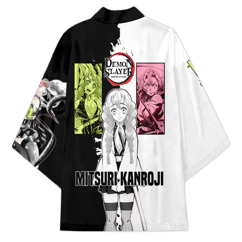 Mitsuri Kanroji from Demon Slayer Kimono with Black and White Split Background and Energetic Sword Pose Manga Style Design - The Mazicc