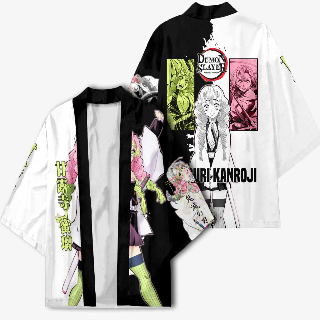 Mitsuri Kanroji from Demon Slayer Kimono with Black and White Split Background and Energetic Sword Pose Manga Style Design - The Mazicc