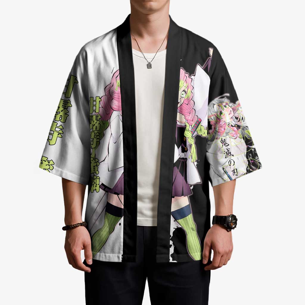 Mitsuri Kanroji from Demon Slayer Kimono with Black and White Split Background and Energetic Sword Pose Manga Style Design - The Mazicc