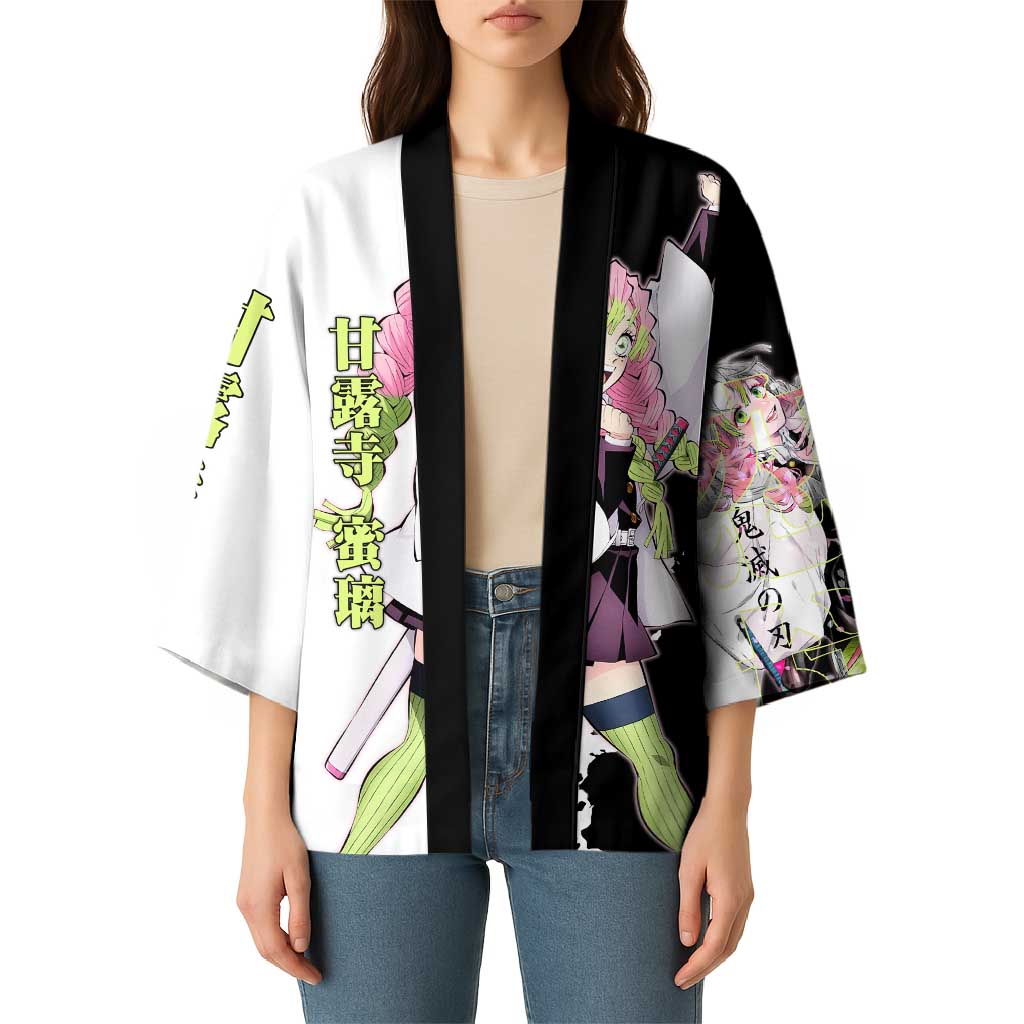 Mitsuri Kanroji from Demon Slayer Kimono with Black and White Split Background and Energetic Sword Pose Manga Style Design - The Mazicc