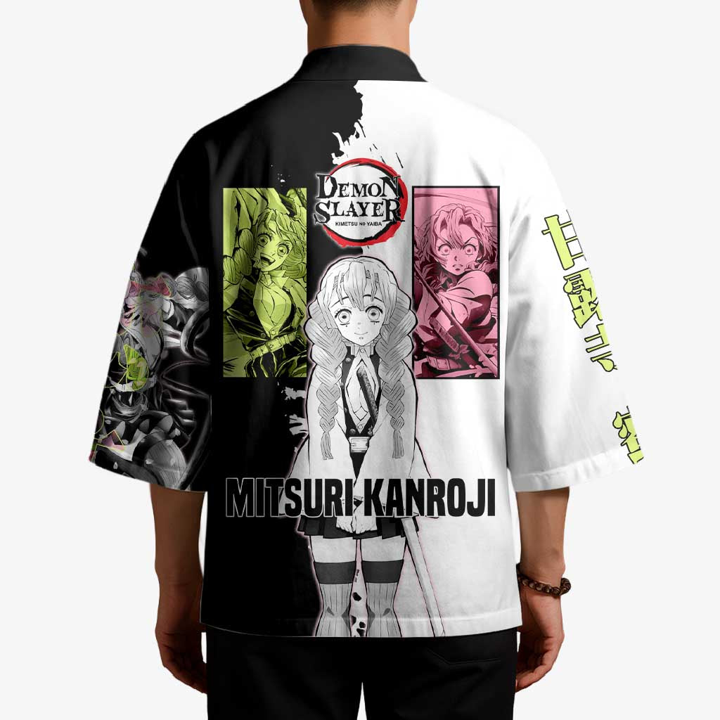 Mitsuri Kanroji from Demon Slayer Kimono with Black and White Split Background and Energetic Sword Pose Manga Style Design - The Mazicc