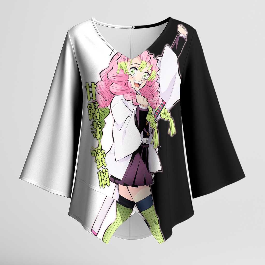 Mitsuri Kanroji from Demon Slayer Kimono Sleeve Blouse with Black and White Split Background and Energetic Sword Pose Manga Style Design - The Mazicc