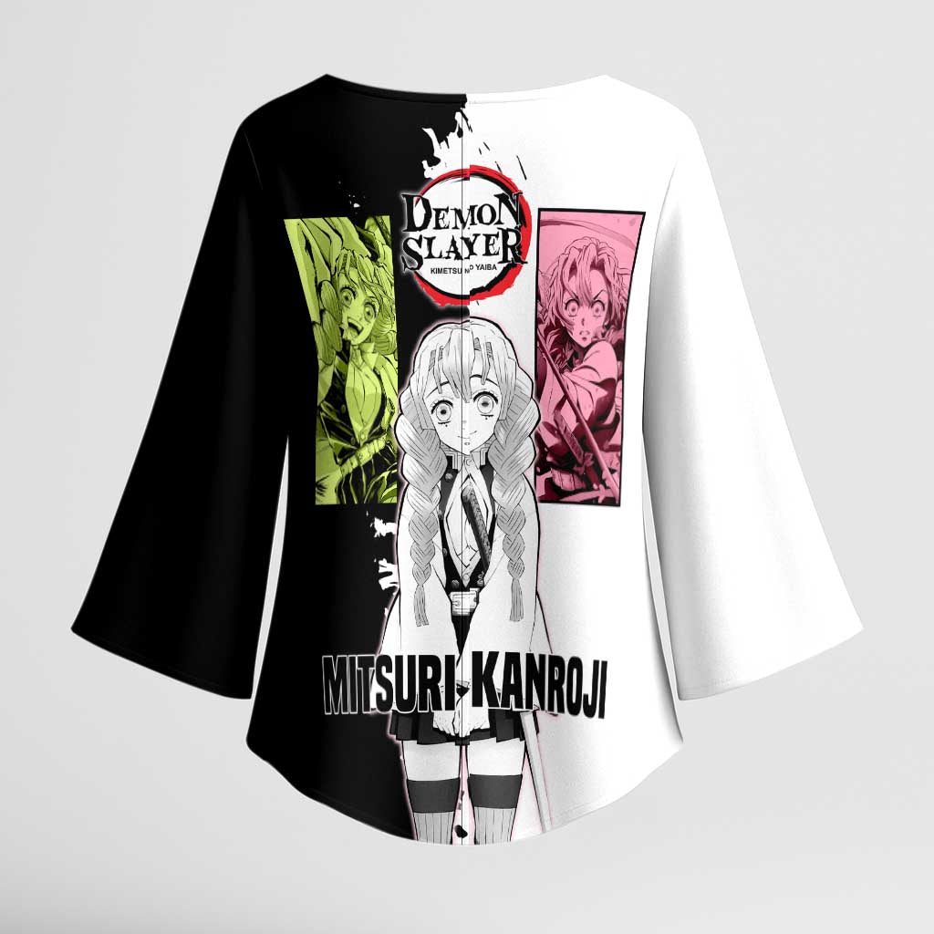 Mitsuri Kanroji from Demon Slayer Kimono Sleeve Blouse with Black and White Split Background and Energetic Sword Pose Manga Style Design - The Mazicc