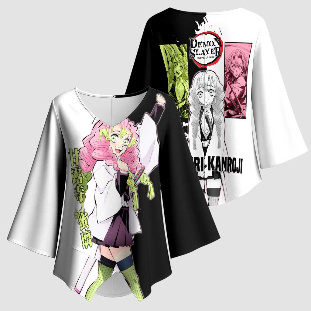 Mitsuri Kanroji from Demon Slayer Kimono Sleeve Blouse with Black and White Split Background and Energetic Sword Pose Manga Style Design - The Mazicc