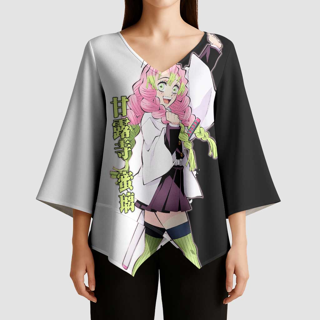 Mitsuri Kanroji from Demon Slayer Kimono Sleeve Blouse with Black and White Split Background and Energetic Sword Pose Manga Style Design - The Mazicc