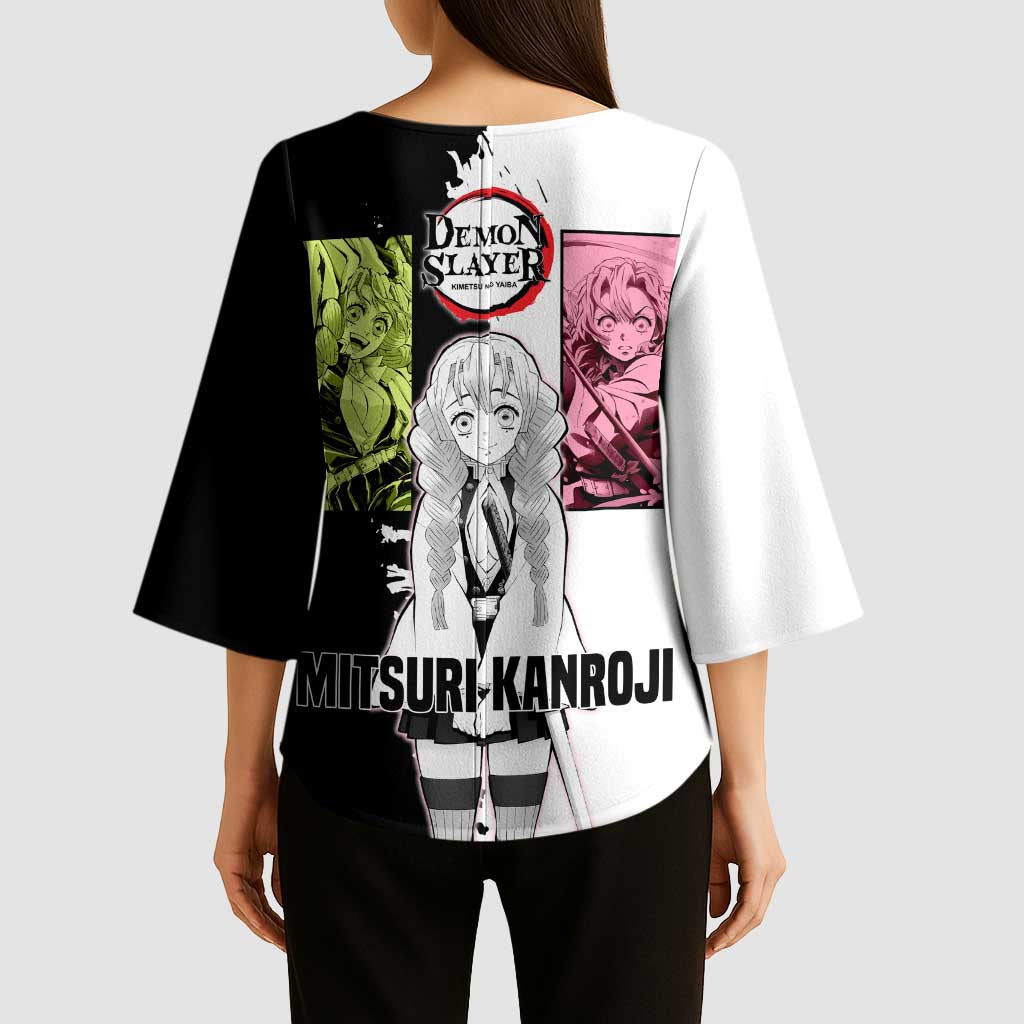 Mitsuri Kanroji from Demon Slayer Kimono Sleeve Blouse with Black and White Split Background and Energetic Sword Pose Manga Style Design - The Mazicc