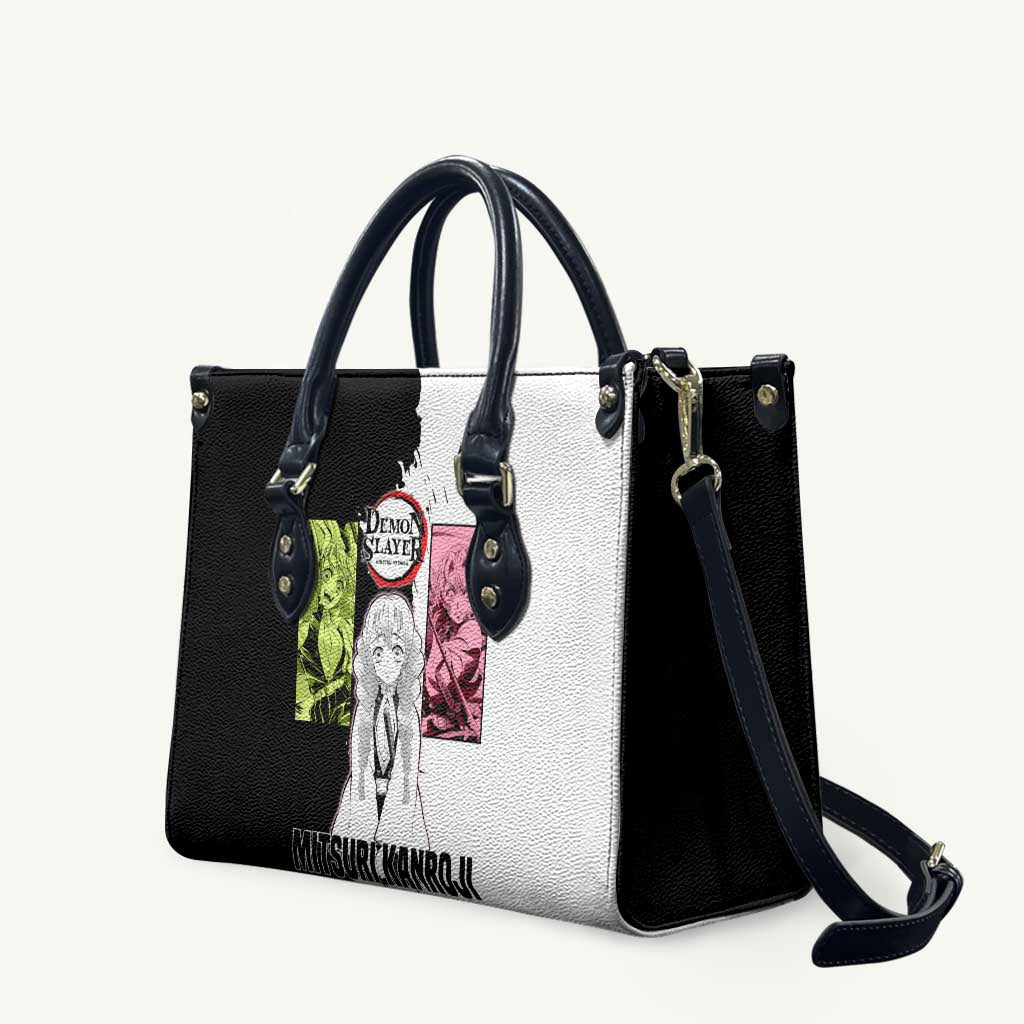 Mitsuri Kanroji from Demon Slayer Leather Bag with Black and White Split Background and Energetic Sword Pose Manga Style Design - The Mazicc