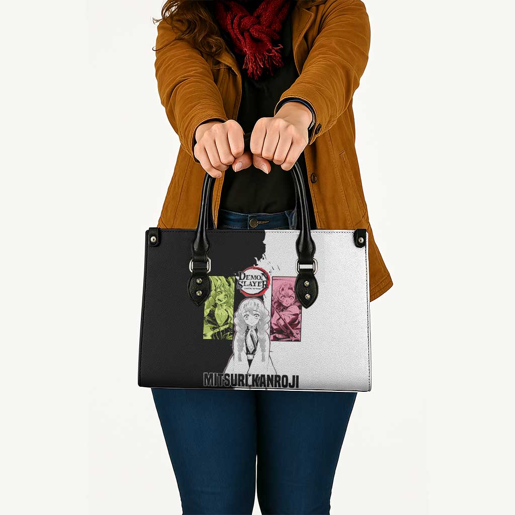 Mitsuri Kanroji from Demon Slayer Leather Bag with Black and White Split Background and Energetic Sword Pose Manga Style Design - The Mazicc