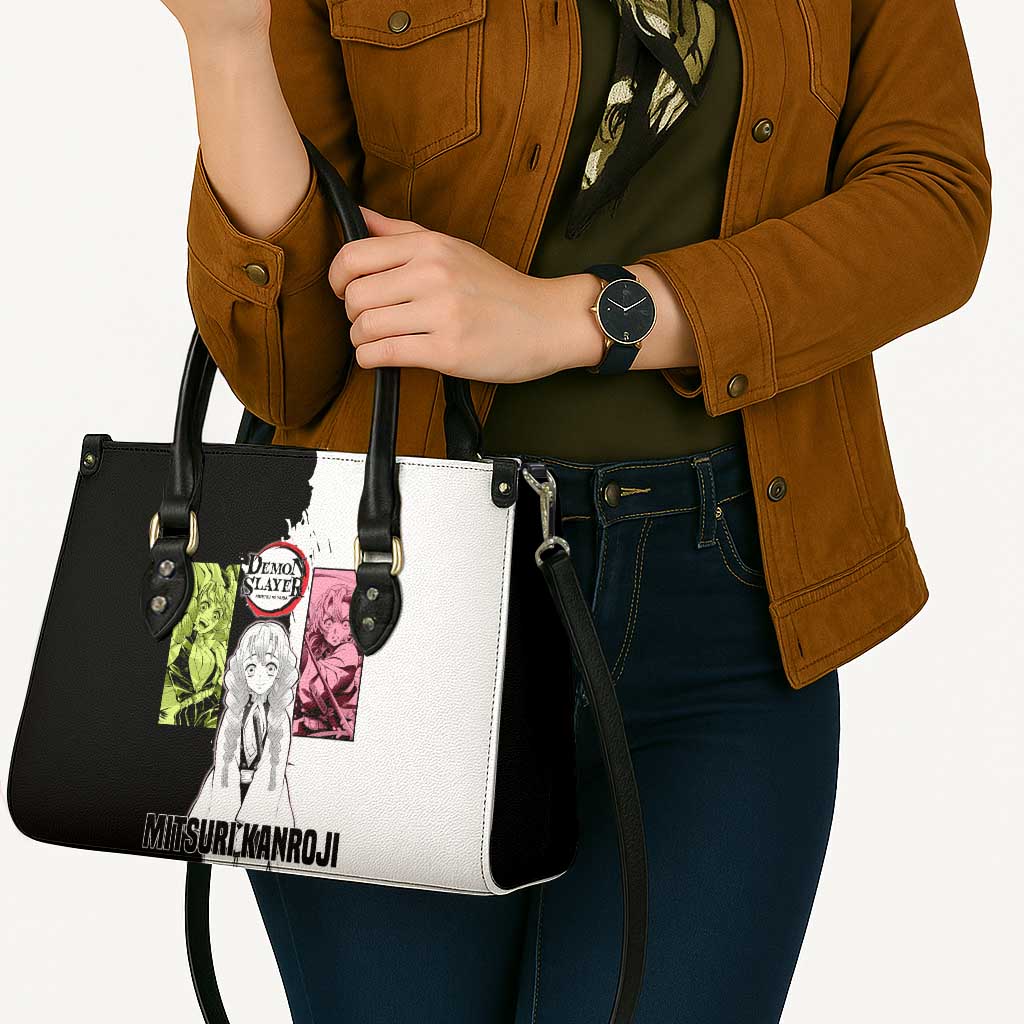 Mitsuri Kanroji from Demon Slayer Leather Bag with Black and White Split Background and Energetic Sword Pose Manga Style Design - The Mazicc