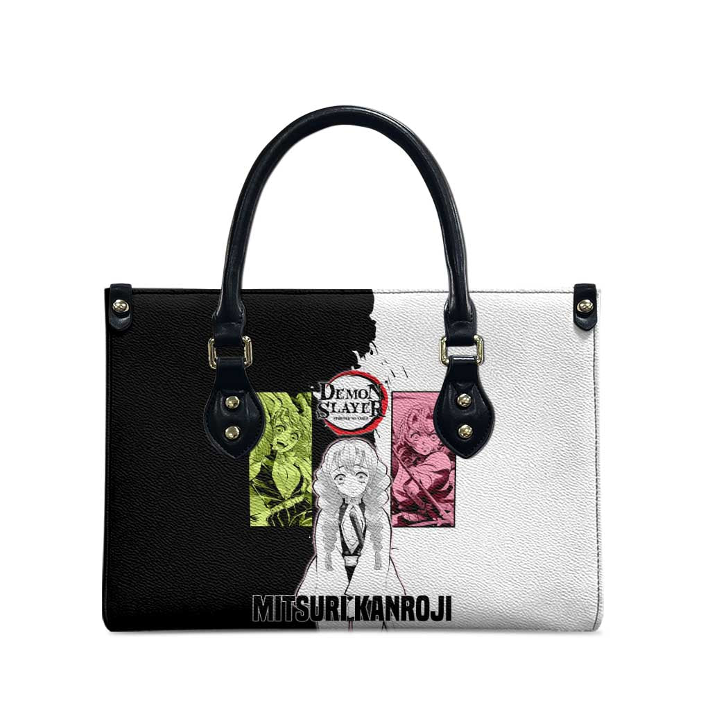 Mitsuri Kanroji from Demon Slayer Leather Bag with Black and White Split Background and Energetic Sword Pose Manga Style Design - The Mazicc