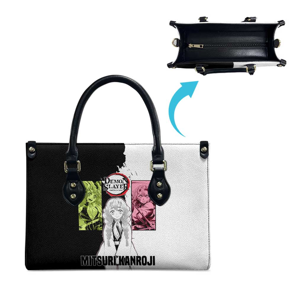 Mitsuri Kanroji from Demon Slayer Leather Bag with Black and White Split Background and Energetic Sword Pose Manga Style Design - The Mazicc
