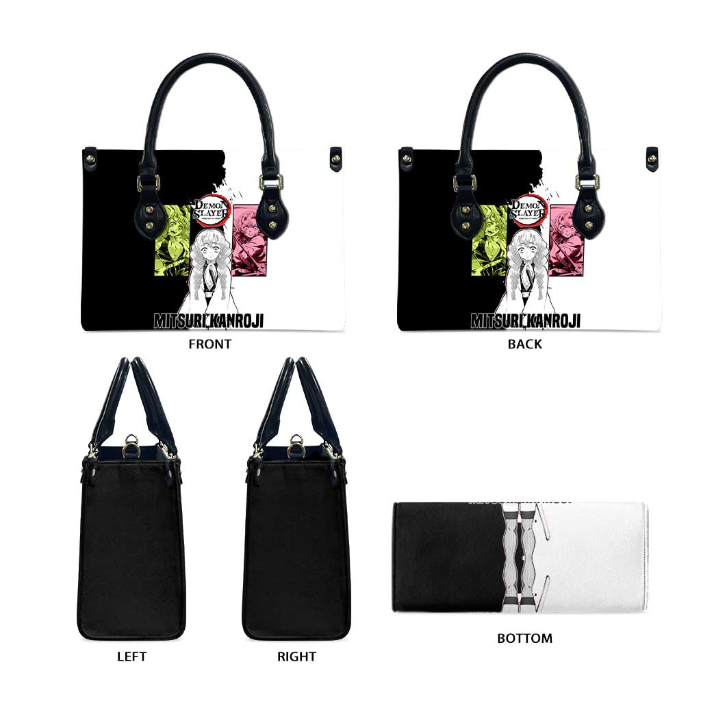 Mitsuri Kanroji from Demon Slayer Leather Bag with Black and White Split Background and Energetic Sword Pose Manga Style Design - The Mazicc