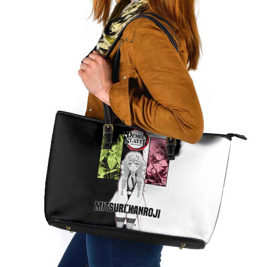 Mitsuri Kanroji from Demon Slayer Leather Tote Bag with Black and White Split Background and Energetic Sword Pose Manga Style Design - The Mazicc