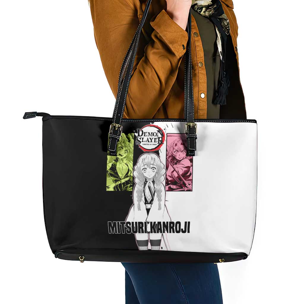 Mitsuri Kanroji from Demon Slayer Leather Tote Bag with Black and White Split Background and Energetic Sword Pose Manga Style Design - The Mazicc